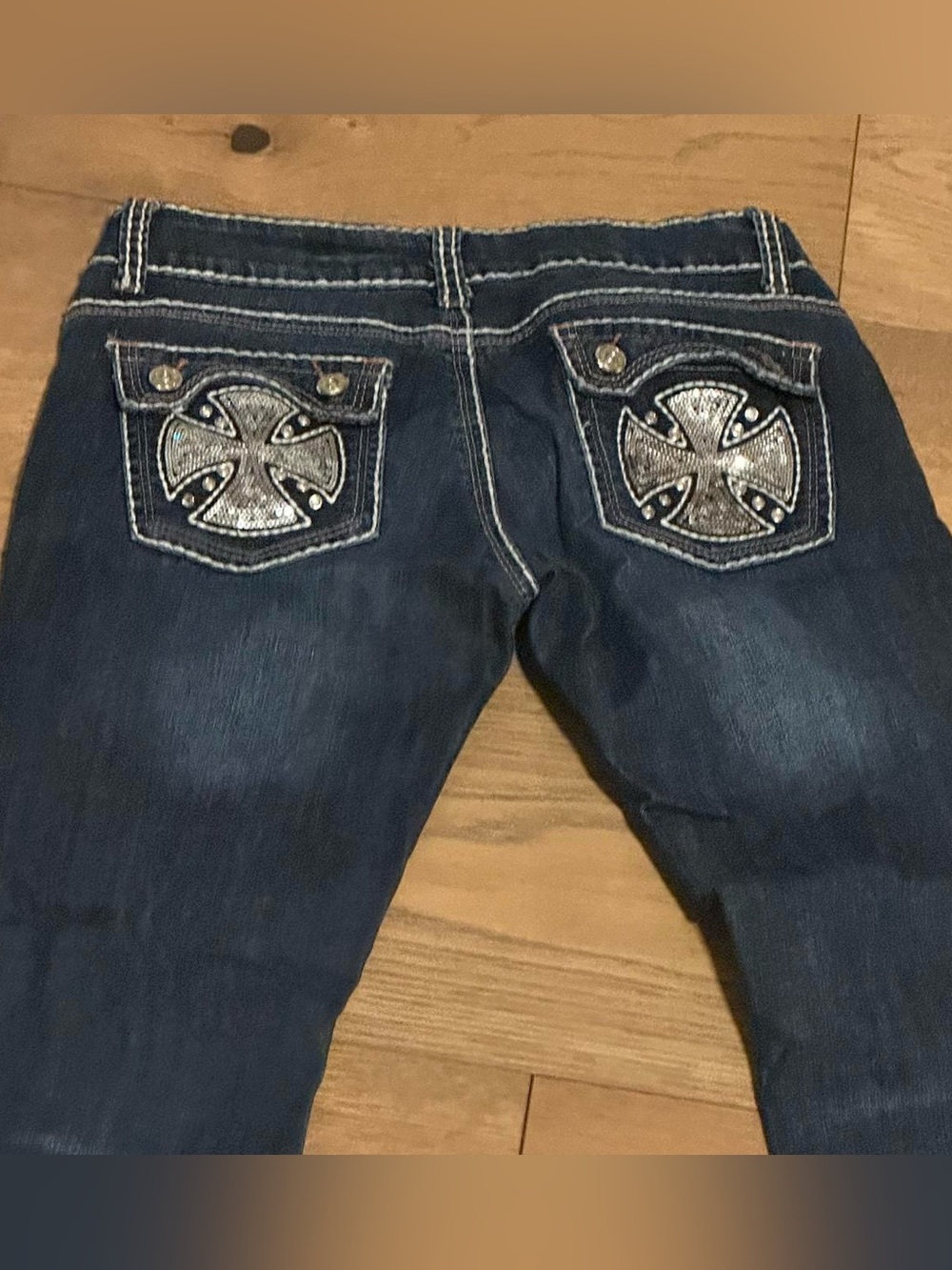 Dark Blue Bootcut Women's Jeans with Embellished Pocket Detail
